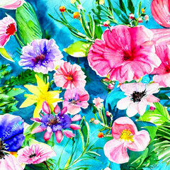 Sticker - 3d Wallpaper gemalte Sommer Blumen mit Wasserfarben