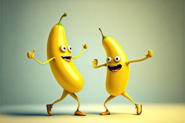 Illustration of two happy dancing bananas. Vegetable healthy food concept. Generative AI