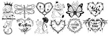 Emo Gothic Tattoo Art, Vintage 90s, 00's Silhouettes. Spike Wire Hearts, Fire, Flame, Love Art, Heart In Glam Weird Style. Mystic Vector Hand Drawn Tats. Y2k, Black And White Colors, Goth Stickers.