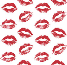 Vector Seamless Pattern Of Red Lipstick Lips Kiss Imprint Isolated On White Background