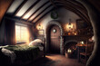 Old house interior, inside fantasy wooden hut in forest, generative AI