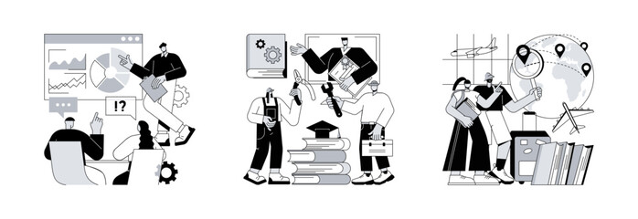 Professional learning abstract concept vector illustration set. Internal and vocational education, educational tourism, business coach, student group, education abroad, vacation abstract metaphor.