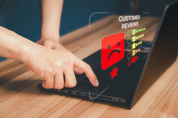 Unhappy man customer with sad emotion face on laptop. Bad review and service dislike poor quality, low rating, bad social media not good. Customer experience dissatisfied and testimonial concept.