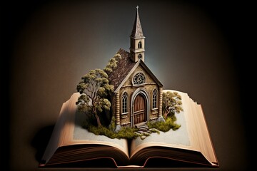 Poster - illustration of a miniature church with an open bible in the background. generative AI