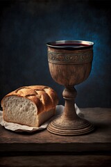 Canvas Print - illustration of Red Wine in a chalice with bread and the Bible. generative AI