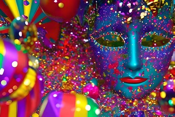 blue carnival mask, surrounded by colorful elements, glitter, elements, party theme, Generative Ai	