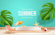 Summer sale vector design. Summer special offer text in podium stage product presentation holiday promo. Vector illustration tropical season promotion ads. 
