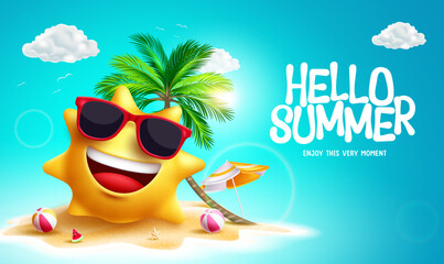 Sticker - Hello summer vector design. Summer text with sun character smiling in beach sand island. Vector illustration tropical season background. 