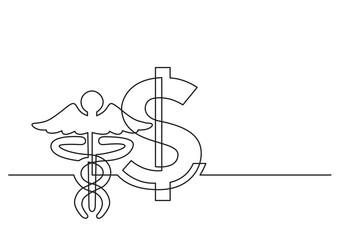 Poster - continuous line drawing vector illustration with FULLY EDITABLE STROKE of logo design medical symbol caduceus and dollar