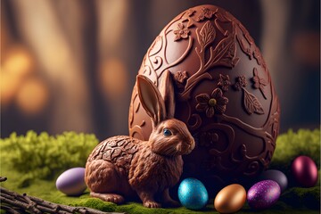 Wall Mural - Wallpaper Illustration and background of easter bunny, with decorated chocolate eggs. Side view. Concept of Happy Easter. Generative AI