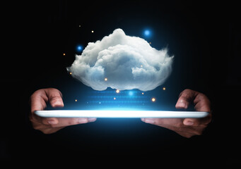 Wall Mural - Hand of businessman showing cloud computing on tablet, Computer system resources and data storage, Cloud service technologies concept.