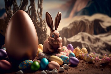 Wall Mural - Wallpaper Illustration and background of easter bunny, with decorated chocolate eggs. Front view. Concept of Happy Easter. Generative AI