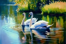Swans In A Pond Park Elegance Lake Summer Day, Generative Ai