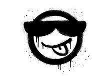 Smiling Face And Tongue Out Emoticon Character With Sunglasses. Spray Painted Graffiti Smile Face In Black Over White. Isolated On White Background. Vector Illustration