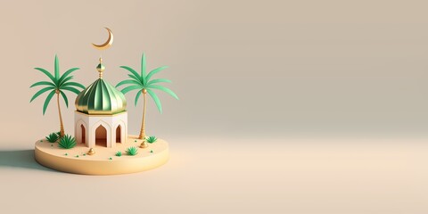 Poster - 3D Mosque with Date Palms for Ramadan Background