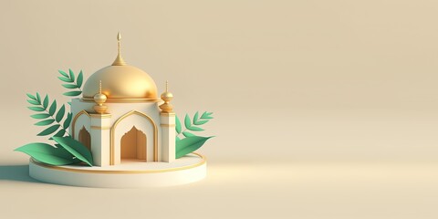 Wall Mural - Golden 3D Mosque Illustration for Ramadan Greeting Banner