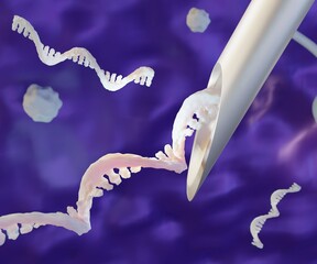 RNA molecules come out from syringe needle.  RNA therapy is designed to correct the mistake, or mutation of someone with a genetic disease 3d rendering