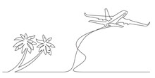 Continuous Line Drawing Vector Illustration With FULLY EDITABLE STROKE Of Palm Trees On Beach Airplane