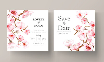 Wall Mural - beautiful pink cherry blossom floral watercolor invitation card