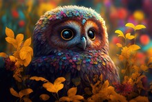 Enchanting Mythical Owl Camouflaged In Magical Blooming Spring Flowers In Forest. Silent, Mysterious And Wise Bird Of Prey Keeping A Solitary Wide Eyed Watch - Generative AI Illustration.