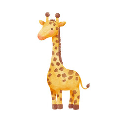  Cute giraffe in cartoon style. Watercolor Drawing african baby wild animal isolated on white background. Jungle safari animal