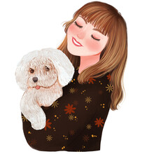 A Woman Is Holding A Dog, Woman Hugging Pets, Friend Puppy Illustration,