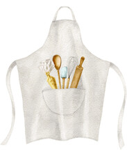 Watercolor Apron With Feeder Kitchen Tools, Rolling Pin, Whisk, Chef's Spoon. Wooden Kitchen Utensils On A White Background. High Quality Illustration