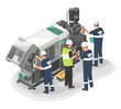 Engineer Maintenance failure machine isometric Grey Machine industrial employee worker fixing in factory element on white background illustration isometric isolated vector