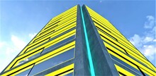 Bottom View Of The Concrete Apartment Building Decorated With Day Illumination. Amazing Blue Sky On The Background. 3d Rendering.