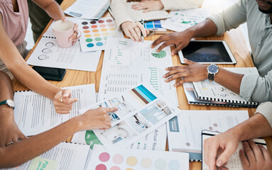 Hands, financial and documents with a business team planning in collaboration for growth in an office. Accounting, data and teamwork with a man and woman employee group working on a finance budget