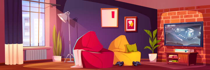 Canvas Print - Gamer room interior with tv gaming console and beanbag chairs. Vector cartoon illustration of cozy home design with video game controllers, LCD display and picture frames on brick wall, potted plants