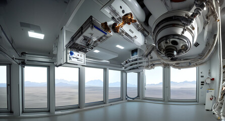 Wall Mural - research station on planet mars, habitat room looking out to the martian landscape, generative ai en