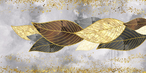 3d art wallpaper. golden, brown, yellow, black and gray leaves, feathers. In drawing gray light background with golden dots