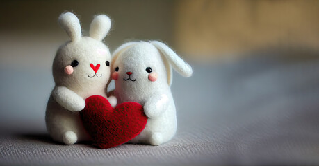 Sticker - Two rabbits in love with red heart,  felted, sitting together on Valentine's day. With background isolated. Copy space. Generative AI