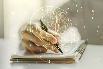 Wall Mural - double exposure of creative human brain microcircuit with man hand writing in notepad on background.