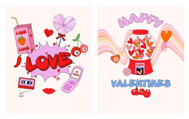 Retro nostalgic greeting cards for St. Valentines day. Romantic poster. Love you card in 70s, 80s, 90s style. Editable vector illustration.