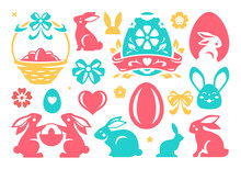 Easter Romantic Icon Bunny Eggs Basket Flower And Bow Set Minimalist Vector Flat Illustration
