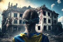 Girl ,woman With Ukrainian Flag On War Zone Deserted City Buildings Burning In The Background,Generative AI