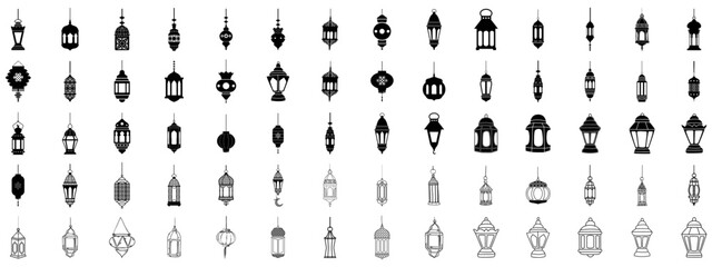 islamic lantern element set for ramadan in silhouettes. arabic antique hanging oil lamp lights isola