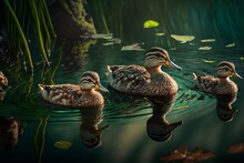 Duck And Ducklings On A Lake Swimming. Generative AI