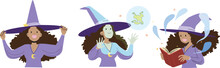 Witch With Purple Clothes In Three Different Poses, Holding Her Hat, Doing Magic With A Frog And A Spell Book. Halloween Witch Vector