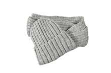 Gray Wool Knitted Hat-scarf, Highlighted On A White Background. Knitted Hat With Knitting Needles With Curved Brim. Knitted Warm Hat. Outdoor Headwear