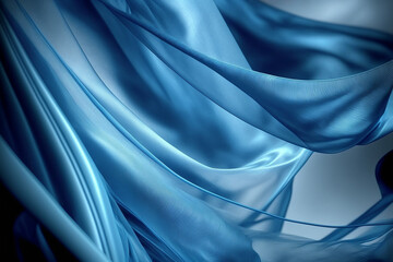 Smooth flying elegant blue transparent silk fabric cloth on white background