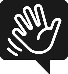 Poster - Saying hello black glyph icon. Greeting chat bubble with waving hand. Communication on social media. Silhouette symbol on white space. Solid pictogram. Vector isolated illustration