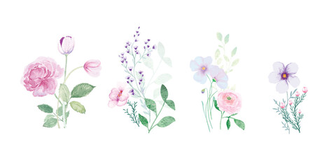 Wall Mural - watercolor arrangements with small spring and summer flower. Botanical illustration minimal style.