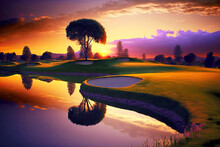 Sunset Landscape With Well-groomed Golf Course Located Next To Pond