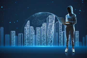 Wall Mural - Hacker with laptop standing on digital tech city background. Digital landscape in a cyber world concept.