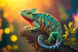 Fototapeta Zwierzęta - Colorful chameleon on a tree branch. Generative AI.
