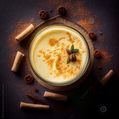 Delicious homemade eggnog in clear glass cup with cinnamon sticks surrounding it on an isolated on granite countertop, top view, bright lighting