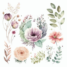 Watercolour Floral Illustration Set . Decorative Elements Template. Flat Cartoon Illustration Isolated On White Background